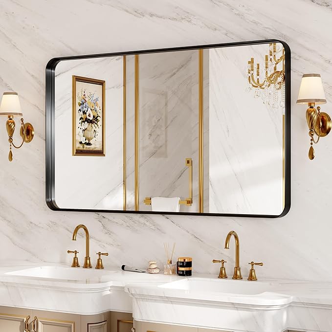 40X30 Inch Black Metal Framed Bathroom Mirror for Wall, Matte Large Rounded Rectangle Vanity Mirror Farmhouse,Anti-Rust, HD Tempered Glass, Horizontally or Vertically Hanging