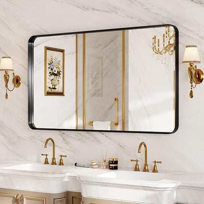40X30 Inch Black Metal Framed Bathroom Mirror for Wall, Matte Large Rounded Rectangle Vanity Mirror Farmhouse,Anti-Rust, HD Tempered Glass, Horizontally or Vertically Hanging