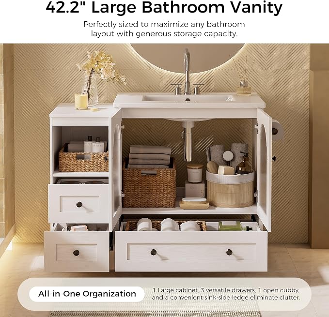 IRONCK 42 Inch Bathroom Vanity with Sink Set, Reversible Design, White | Modern Bathroom Storage Cabinet with 3 Drawers, 2 Visual Soft Close Doors, Open Cubby, Towel Holder