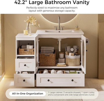 IRONCK 42 Inch Bathroom Vanity with Sink Set, Reversible Design, White | Modern Bathroom Storage Cabinet with 3 Drawers, 2 Visual Soft Close Doors, Open Cubby, Towel Holder