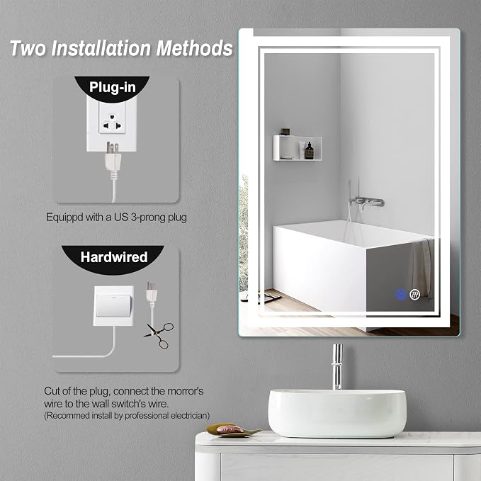 28"x 20" LED Bathroom Mirror Vanity Mirror | Anti-Fog+Dimmable+Color Temperature Adjustable+Switch-held Memory Led Wall Mirror for Bathroom, Vanity (Vertical/Horizontal)