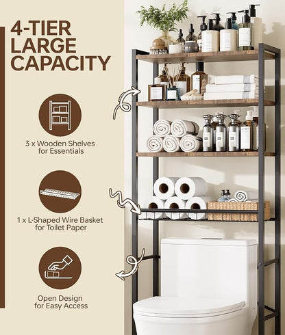 4-Tier Over-the-Toilet Storage Rack with One-Piece Wooden Shelves & Open Net Basket, Bathroom Organizer with Adjustable Feet & Anti-Tip Kit, Space-Saving Toilet Shelf, Brown, 24.4" x 9.4" x 69.3"