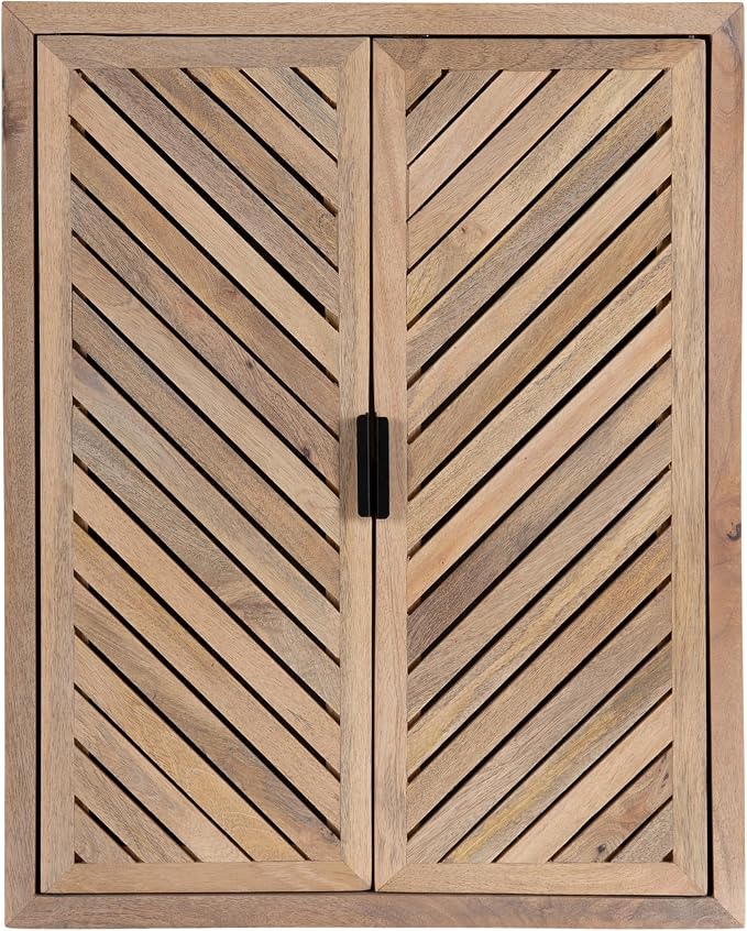 Kate and Laurel Mezzeta Decorative Modern Two-Door Floating Bathroom Cabinet; 22 x 7 x 28; Natural Wood; Decorative Solid Mango Wood Over the Toilet Storage Cabinet with Slatted Chevron Design
