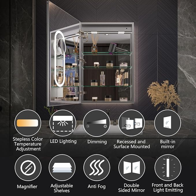 24x36 Medicine Cabinet with Lights & Magnifier & Mirrors, GFCI Outlet, Soft-closed Hinges, Front&Backlit, Anti-Fog, Dimmable&Tunable, Sensor Lights, Recessed/Surface, Adjustable Shelves, Left-handed