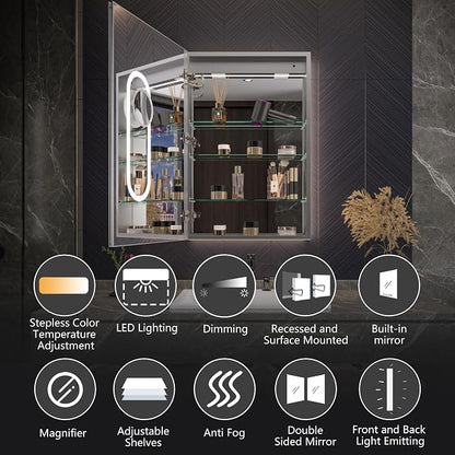 24x36 Medicine Cabinet with Lights & Magnifier & Mirrors, GFCI Outlet, Soft-closed Hinges, Front&Backlit, Anti-Fog, Dimmable&Tunable, Sensor Lights, Recessed/Surface, Adjustable Shelves, Left-handed