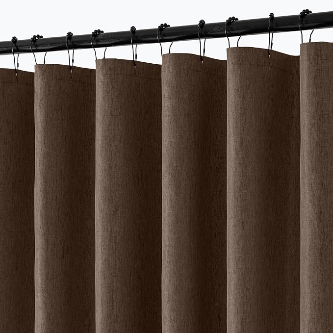 ANRODUO Brown Linen Textured Fabric Shower Curtain Set - W72xL72 | Farmhouse Shower Curtain with 12 Metal Hooks, Waterproof Heavy Duty, Button Hole Design, Machine Washable for Bathroom