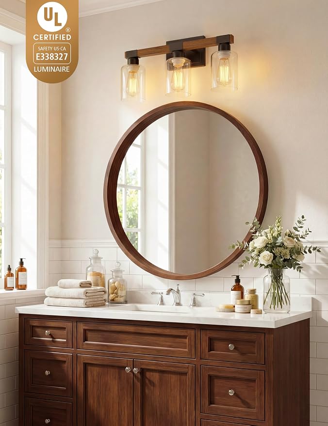 VOLISUN Farmhouse Bathroom Vanity Light Fixtures,3 Light,UL Certificated | 3 Light Bathroom Vanity Lights Over Mirror, Rustic Vanity Light for Bathrooms,Wood Bathrooms Lights Fixtures Over Mirror