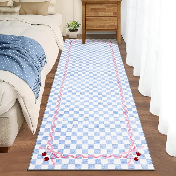Garvee Washable Hallway Runner Rug 2x6 Non Slip, Baby Blue Checkered Cherry | Coquette Aesthetic Decor Kitchen Rugs Low Pile Entryway Rug Soft Stain Resistant Carpet for Bedroom Bathroom Hallway Laundry