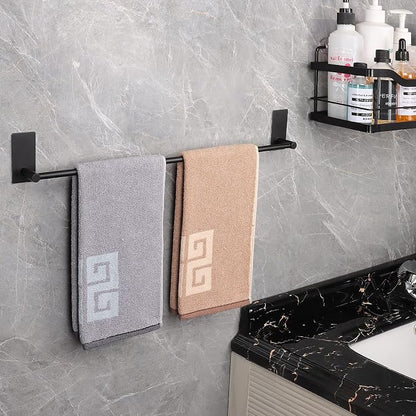 NearMoon Self Adhesive Bathroom Towel Bar- Stainless Steel Bath Wall Shelf Rack Hanging Towel Stick On Sticky Hanger Contemporary Style, NO Drilling (2 Pack, Matte Black, 24-Inch Towel Rack)