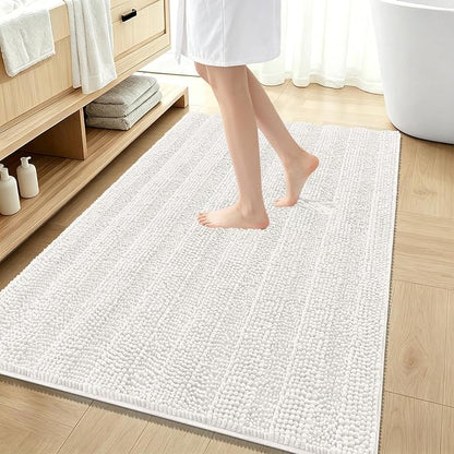 OLANLY Thick Large Bathroom Rugs 59x35, Soft Chenille Bath Rugs, Ivory | Absorbent Striped, Rubber Backing, Machine Wash Dry, Bath Mats for Bathroom Floor, Tub and Shower, Home Decor Accessories
