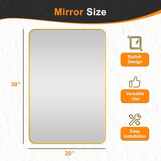 Bathroom Vanity Mirror, Gold Framed Mirror for Over Sink, 30x20 | HD glass, distortion-free for makeup and grooming, Sturdy frame, all mounting hardware, hangs horizontal or vertical