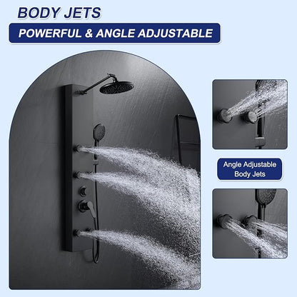 ROVATE Shower Panel Tower System with Adjustable 6 Body Jets, Matte Black | Stainless Steel Shower Column with Height Adjustable Shower Arm, Self-Cleaning Rainfall Shower & Handheld, Rough-in Valve