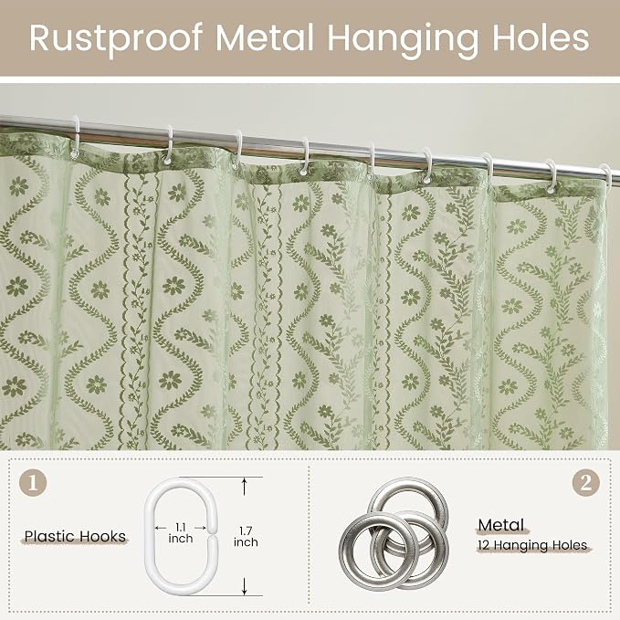 WAZZIO Sage Green Lace Shower Curtain - Vintage Pretty Floral Sheer Shower Curtains, Elegant Decorative Tassel Bath Curtains for Bathroom, 72 x 80 Inch, 1 Piece