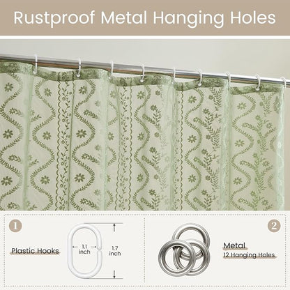 WAZZIO Sage Green Lace Shower Curtain - Vintage Pretty Floral Sheer Shower Curtains, Elegant Decorative Tassel Bath Curtains for Bathroom, 72 x 80 Inch, 1 Piece