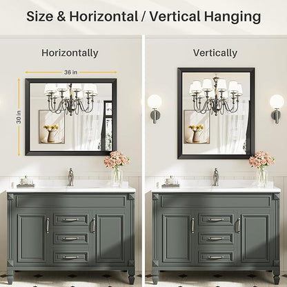36x30 Inch Black Bathroom Mirror for Wall, Thick Metal Framed Rectangle Mirrors for Over Sink, Bedroom, Living Room, Entryway, Anti-Rust, HD Tempered Glass