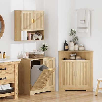 Fluted Bathroom Cabinet, Bathroom Wall Cabinet with Adjustable Shelves, Wooden Wall Storage Cabinet for Bathroom, Kitchen, Living Room, Bedroom