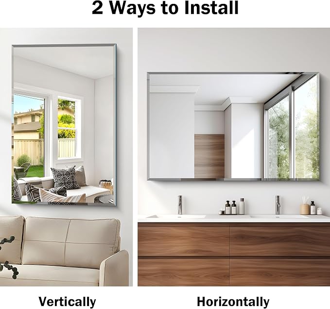 CILIBER Beveled Mirror, 30x48 Large Frameless Bathroom Mirrors for Wall, 3mm Tempered Glass Rectangle Vanity Mirror with Beveled Edge, Crystal-Clear, Hangs Horizontally or Vertically