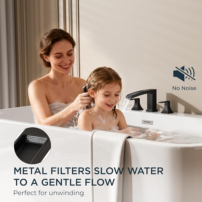 FORIOUS Roman Bathtub Faucet 3 Hole Deck Mount with 2 Handle Matte Black | Tub Faucet for 3-Hole Set, 6-12" Centered Distance, Widespread Garden Bath Tub, Waterfall Spout, High Flow, Brass