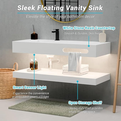 48"x19" Wall Mount Bathroom Vanity with LED Smart Sensor Light, Stone Resin Floating Vanity Sink Rectangular Vessel White Trough Art Basin with Shelf Layer