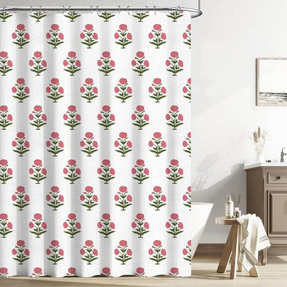 MUGINYU Pink Floral Shower Curtain-72x72 Inches,Cotton Blend Cloth Fabric,Girly Cute Coquette Style with Green Block Print for French Country Bathroom Decor