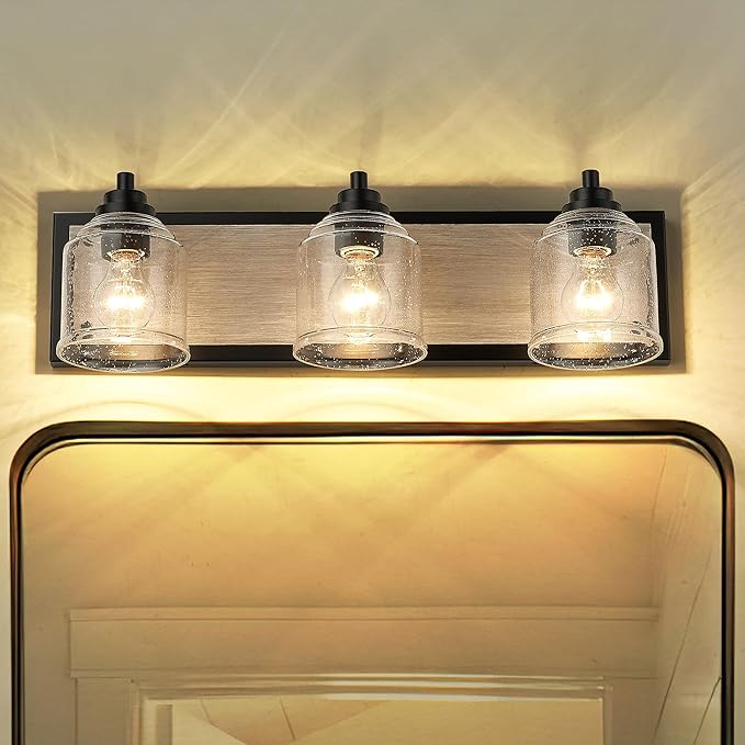 Vanity Lights for Bathroom Large 23", Farmhouse Rustic Vanity Light with Bubble Glass Shades, Gray 3 Light Bathroom Lighting Fixtures Over Mirror, Bath Wall Sconce Home Decor