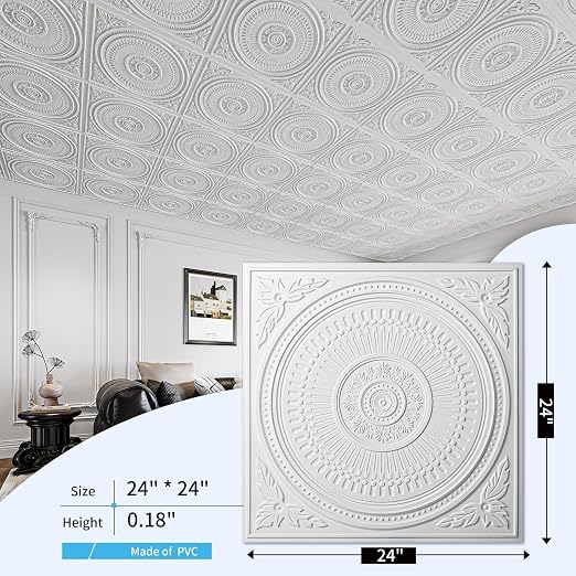 Art3d 12-Pack 2 x 2 ft Drop Ceiling Tiles for Interior Decor, White | PVC, Waterproof, Lightweight, Shatterproof, Anti-Fade, Compatible with Grid System, Ideal for Kitchen, Bathroom, Basement