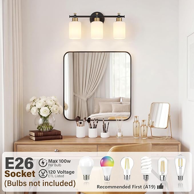 3 Light Black and Gold Bathroom Vanity Light Fixture over Mirror, 17.5'' | Vanity Lights for Bathroom, Bedroom, Living Room, White Frosted Glass Shades, Modern, E26(Bulbs Not Included)