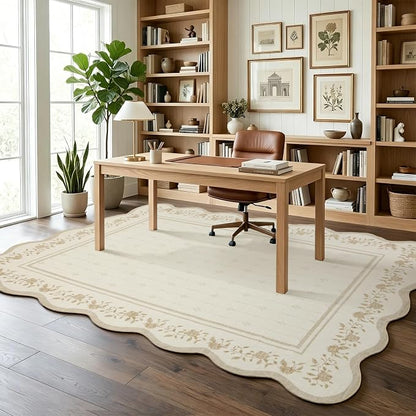Garvee Washable Rugs for Living Room 8x10 Area Rugs Scalloped Rug Ivory | Modern Bordered Non Slip Large Kids Bedroom Carpet Indoor Stain Resistant Floor Cover for Bedroom Dining Room Office Nursery