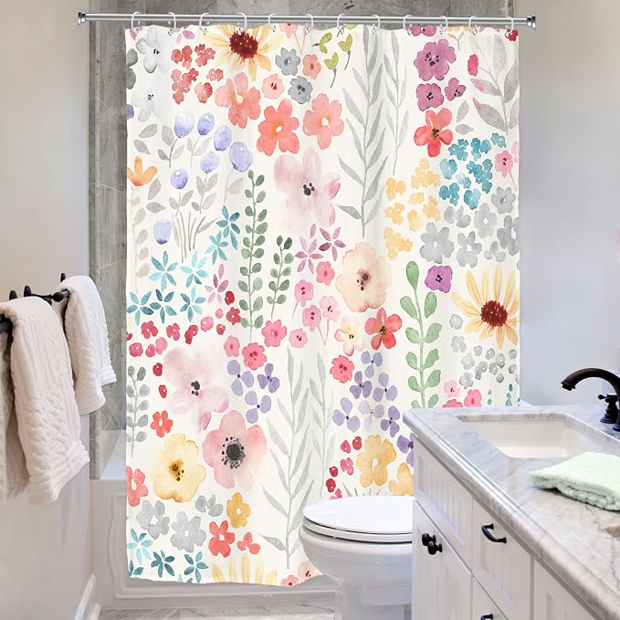 Narrow Small Stall Floral Flower Cute Colorful Bathroom Shower Curtain Set | 54"W x 78"H Plants Botanical; waterproof HD print, quick-dry fabric with 12 hooks for easy hanging.