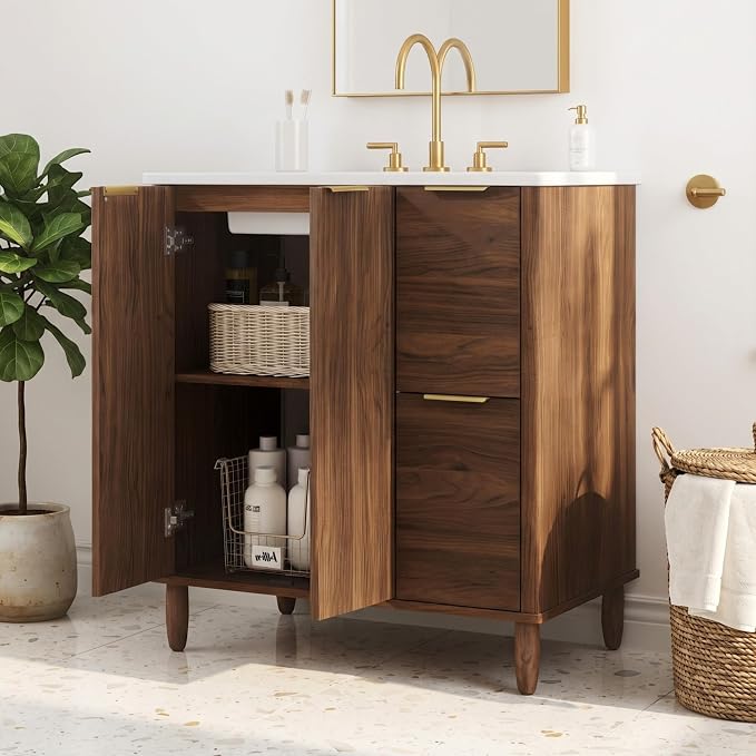 30 Inch Mid-Century Bathroom Vanity with SMC Sink (Walnut Style3, 30") | Dual Drawers & Fluted Soft-Closing Doors, Walnut Vanity Cabinet with Adjustable Shelf, Gold L-Shaped Handles, Solid Wood Legs