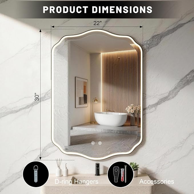 POZINO 30"x22" Scalloped LED Bathroom Mirror with Lights, Black Metal Frame | Beveled Edge, 3 Color Dimmable, Anti-Fog, Memory Function, IP65 Waterproof, Smart Bathroom Vanity Mirror with Front Lights