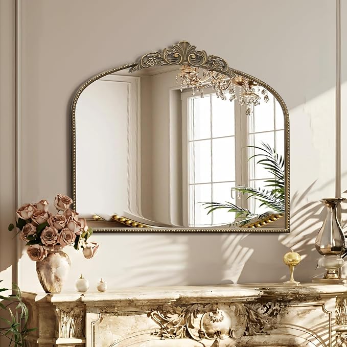 Micasso Vintage Gold Arched Mirror: 36"x29" Baroque Antique Wall Mirror | Traditional Ornate French Decorative Wall Mirror for Bedroom/Bathroom/Entryway/Hallway/Dresser/Vanity/Mantel/Nightstand