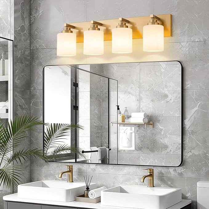 Vanity Lights for Bathroom, 4-Light Brushed Gold Bathroom Vanity Light Over Mirror with Milky White Glass Shades, Modern Bathroom Light Fixtures for Living Room Hallway Cabinet (Bulbs Not Included)