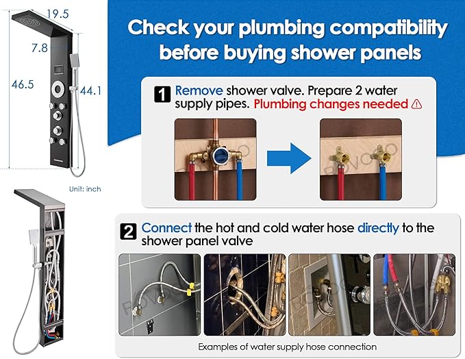 ROVOGO Shower Panel System with Led Lights No Battery Needed, MIST & RAIN Shower, 5 Body Jets, Handheld, Tub Spout and Temperature Display, Water Powered Led Shower Tower Column Stainless Steel, Black