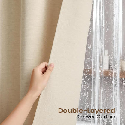 BTTN 3 in 1 Shower Curtain Set - 78 Inch Long Linen Textured Polyester Shower Curtain and Clear Liner Set with Plastic Hook, Long Modern Waterproof Shower Curtain for Bathroom, Cream/Beige, 72x78