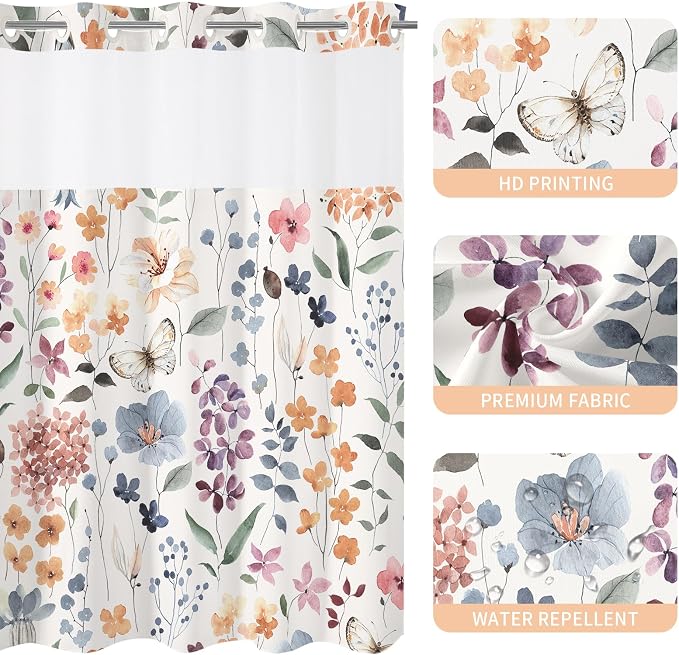 Litabel No Hook Ivory Watercolor Floral Shower Curtain and Liner Set, 36x74 | Spring Flower Shower Curtains with Snap-in Liner for Farmhouse Bathroom Decor, Botanical Bathroom Curtain with Leaves