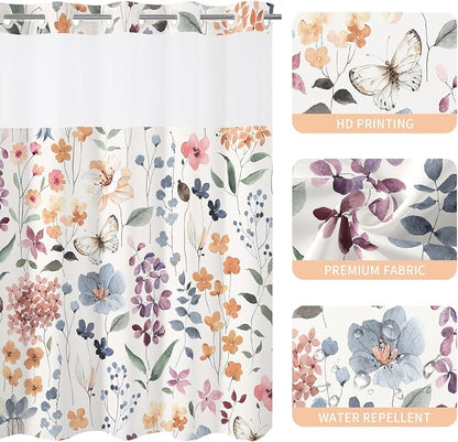 Litabel No Hook Ivory Watercolor Floral Shower Curtain and Liner Set, 72x86 | Spring Flower Shower Curtains with Snap-in Liner for Farmhouse Bathroom Decor, Botanical Bathroom Curtain with Leaves
