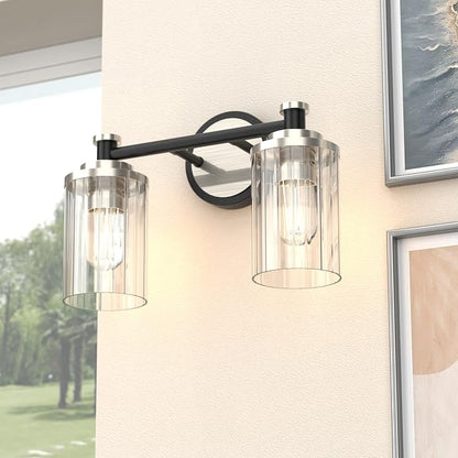 Bathroom Lighting Fixtures Black and Brushed Nickel Bathroom Vanity Light with Cylindrical Clear Stripes Glass Lampshade E26 Socket Base Bathroom Lighting Fixtures Over Mirror (2 Lights)