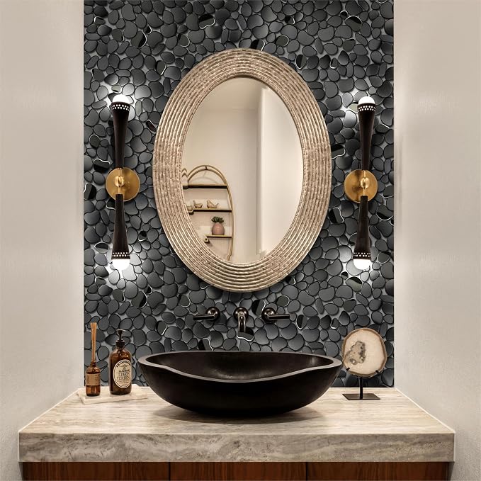 Black Tile Backsplash Pebble Tile Metal Mosaic Tiles for Kitchen Backsplash Bathroom Shower Floor【5 Sheets】