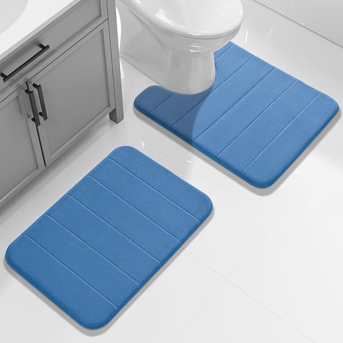 Yimobra Memory Foam Toilet Bath Mat U-Shaped, Soft and Comfortable, Super Water Absorption, Non-Slip, Thick, Machine Wash and Easier to Dry for Bathroom Commode Contour Rug, 24 X 20 Inches, Blue