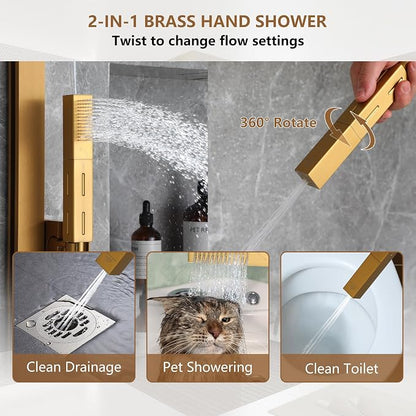 CASAINC Thermostatic Shower System 35x16 Inch Luxury 6 Functions Shower Jets System, Multifunctional Full Body Shower System with Sliding Rod 2 in 1 Handheld, LED & Music (Brushed Gold)