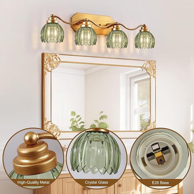 Gold Vanity Light, Vintage Tulip Green Glass Shade, Antique Brass Finish | 4 Light Brushed Gold Bathroom Light Fixtures, Crystal Wall Sconce, Mounted Over Mirror for Bedroom Hallway, Easy to Install