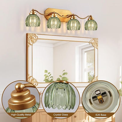 Gold Vanity Light, Vintage Tulip Green Glass Shade, Antique Brass Finish | 4 Light Brushed Gold Bathroom Light Fixtures, Crystal Wall Sconce, Mounted Over Mirror for Bedroom Hallway, Easy to Install