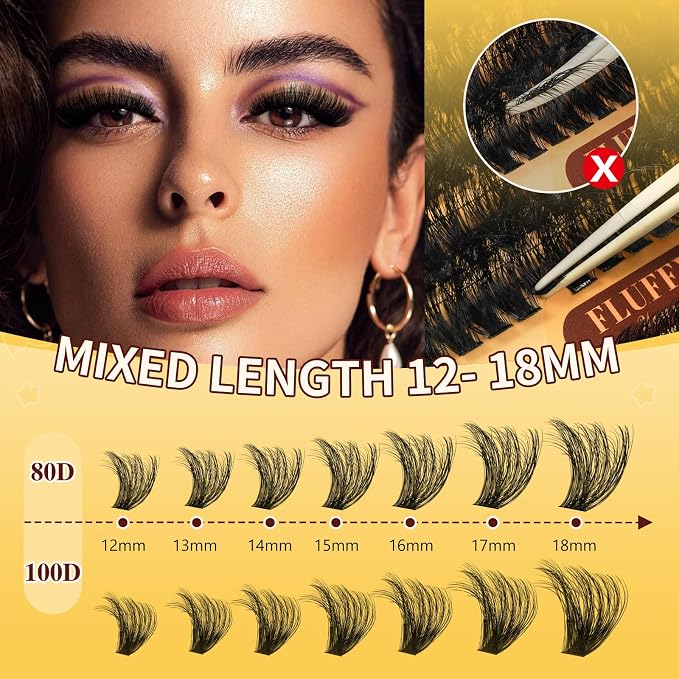 QUEWEL Lash Clusters Kit, 320Pcs 80D+100D 3D Lash Cluster Eyelash Extensions 12-18mm Volume Lash Clusters Kit with Lash Bond and Seal and Lash Tweezers Easy DIY at Home(80+100D 3D Kit) | 12-18mm Volume Lash Clusters Kit with Lash Bond and Seal and Lash...