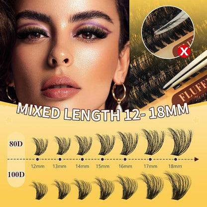 QUEWEL Lash Clusters Kit, 320Pcs 80D+100D 3D Lash Cluster Eyelash Extensions 12-18mm Volume Lash Clusters Kit with Lash Bond and Seal and Lash Tweezers Easy DIY at Home(80+100D 3D Kit) | 12-18mm Volume Lash Clusters Kit with Lash Bond and Seal and Lash...