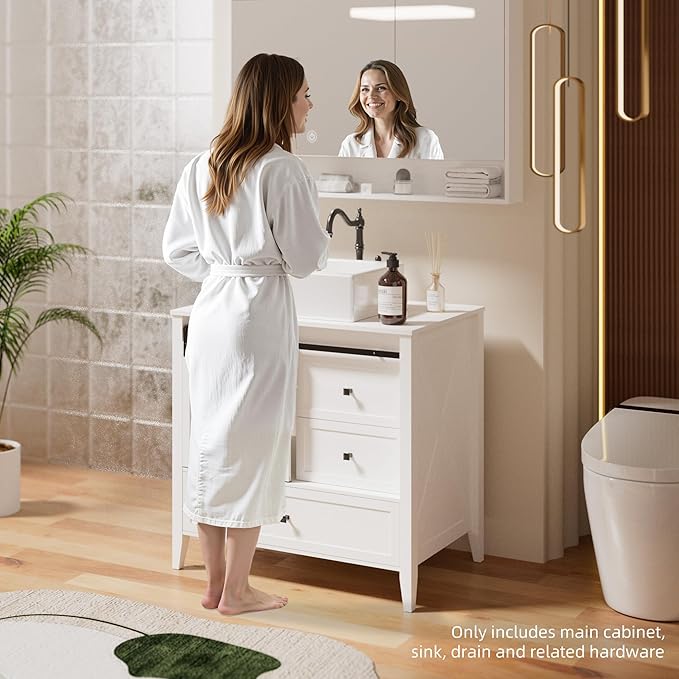 VNN Bathroom Vanity with Sink - 36 Inch Bathroom Vanity with Sink Ceramic, Freestanding Cabinet with Farmhouse Sliding Barn Door and 3 Drawers, Space-Saving Storage Cabinet, Wood Grain Texture, White