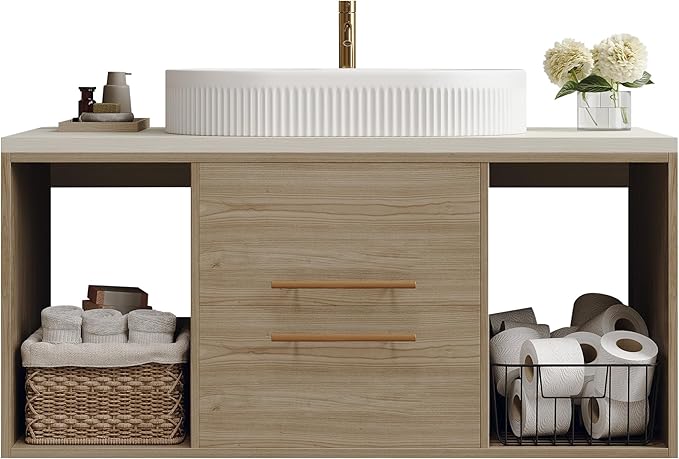 40" Bathroom Vanity with Sink Set, Modern Oak Wall Mounted Bathroom Vanity Cabinet with Above Oval Ceramic Sink,Gold Handle 2 Drawers & 2 Open Storage, Single Sink Floating Bathroom Vanity