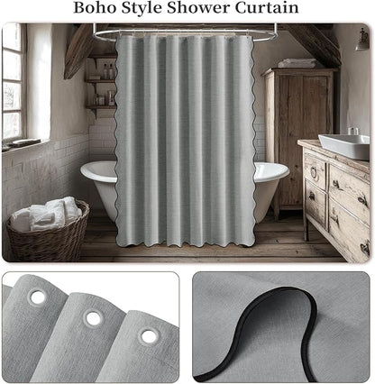BTTN 72x78 Shower Curtain, Long Scalloped Boho Linen Textured Thick Cloth Shower Curtain Set with 12 Hooks, Tall Neutral Modern Fancy Waterproof Washable Fabric Shower Curtains for Bathroom, Gray/Gray