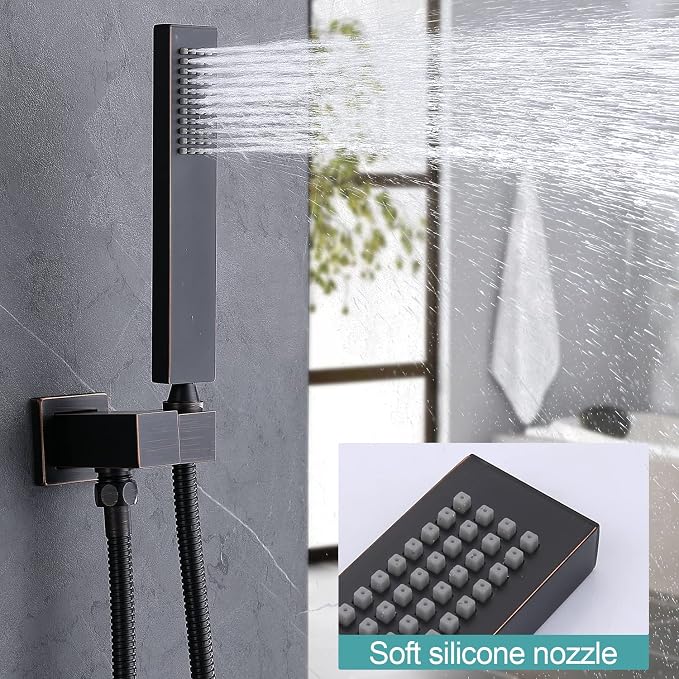 Hand-held Shower Head Set - Oil Rubbed Bronze Brass Handheld Shower Wand with Wall Mount Adjustable Elbow Holder and 59inch Long Hose - Modern Rectangle Hand Shower High Pressure