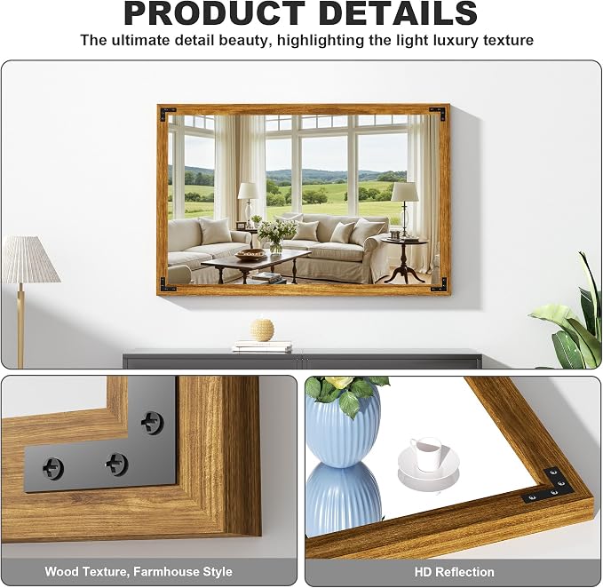 Hasipu Farmhouse Bathroom Mirror, 40"x26" Rustic Wood Framed Wall Mounted Mirror, Walnut Vintage Vanity Mirror Modern Farmhouse Style Decrative Mirrors